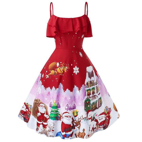 

casual dresses sling ruffle christmas snowman doll print sleeveless swing dress urban leisure women vestidos elegantes para mujer, Black;gray