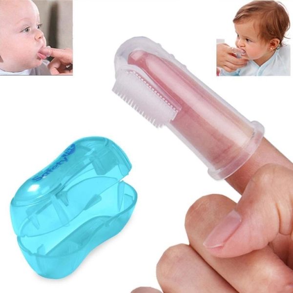 Cute Baby Finger spazzolino da denti con scatola denti per bambini massaggio trasparente morbido silicone spazzola per la pulizia della gomma infantile set massaggiatore ragazzo WXY110