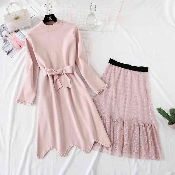 

two piece dress women's ensemble of two parts, knitting, long sleeve, beads, dress, nightgown, elastic waist, skirt, two-piece set, win, White