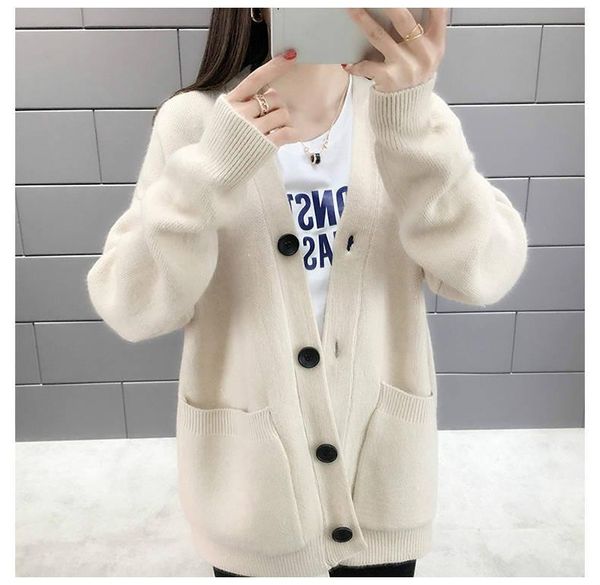

women's knits & tees loose large pocket knitted sweater casual women single-breasted full cardigan basic harajuku 2021 autumn winter, White