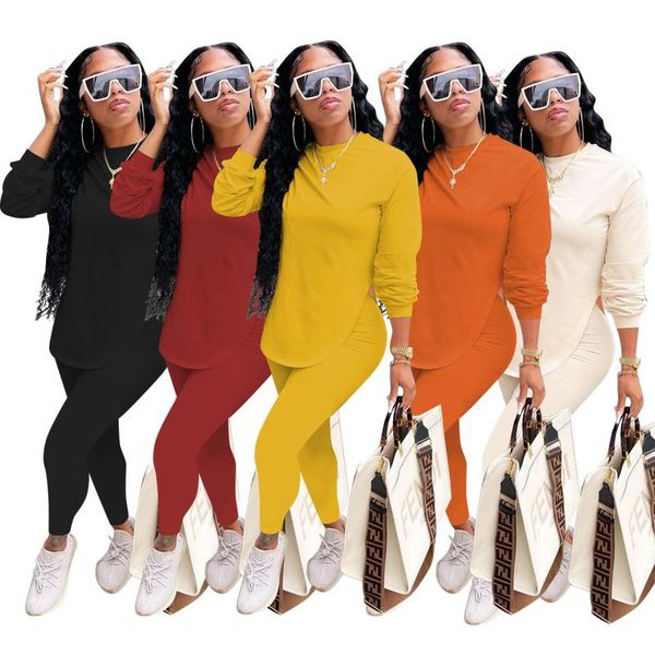 

women's two piece pants rstylish women clothing solid color long sleeve t-shirt and leggings stretchy casual set, White