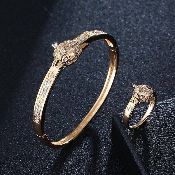 

bangle european and american explosive jewelry 18k leopard head micro-inlaid zircon ring set, Black