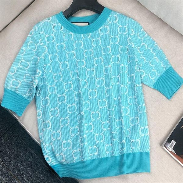 

classic letter jacquard sweaters women knitted tees spring summer short sleeve sweater ladies knit t shirt with tags, White;black