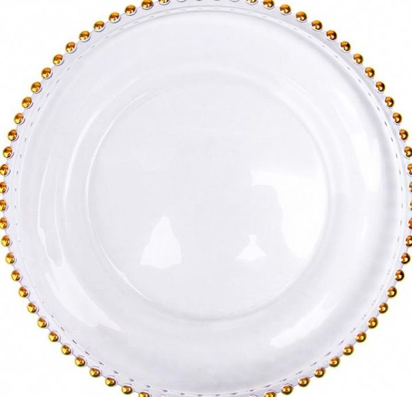

2021 stocked 13inch round wedding clear silver/gold glass beaded charger pates glass plate for wedding table decoration