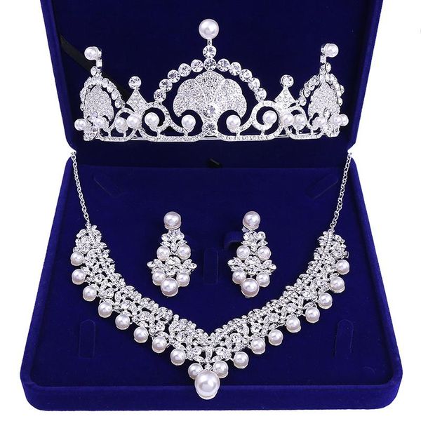 

wedding jewelry sets set pearl crown necklace and eearrings bride 3pcs/set bridal hair accessories princess crowns cl28, Slivery;golden