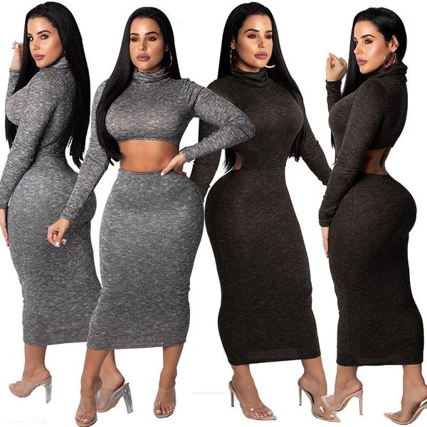 

dresses women 2021 autumn winter casual hollow backless dress fashion solid color long-sleeved turtleneck skinny long dress, Black;gray