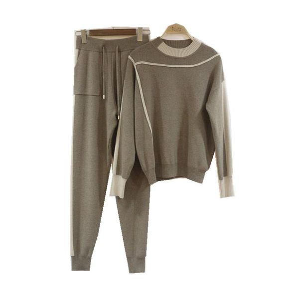 

the european high-end new winter fashion leisure suit mink cashmere knitted pullovers pants female two piece women wool full, White