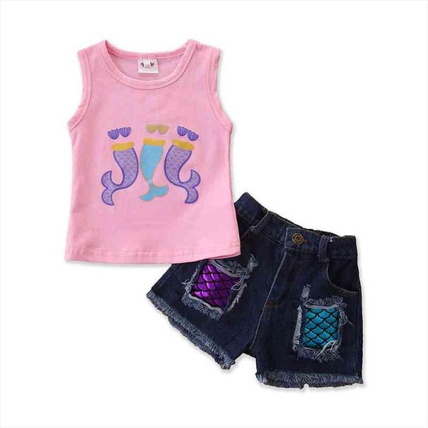 

1-6y summer lovely kids girls clothes sets pattern print sleeveless vest denim hole shorts, White