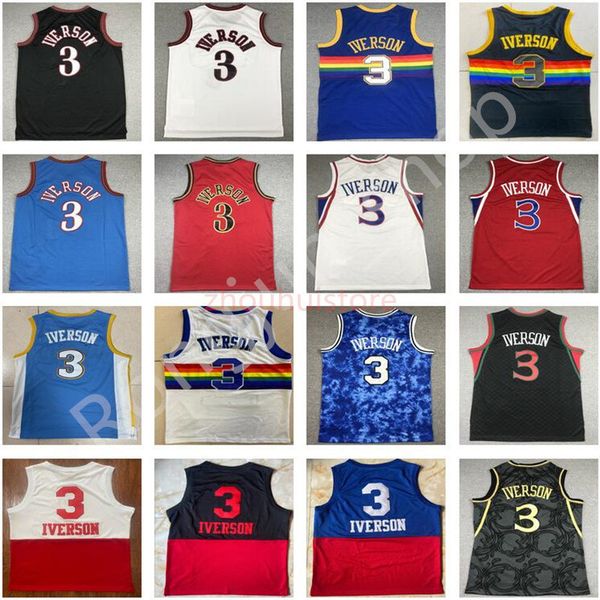 Mitchell Ness costurou basquete masculino 1990-00 Retro Allen 3 Iverson 1999-00 1996-97 1997-98 2006-07 Black Blue Whit