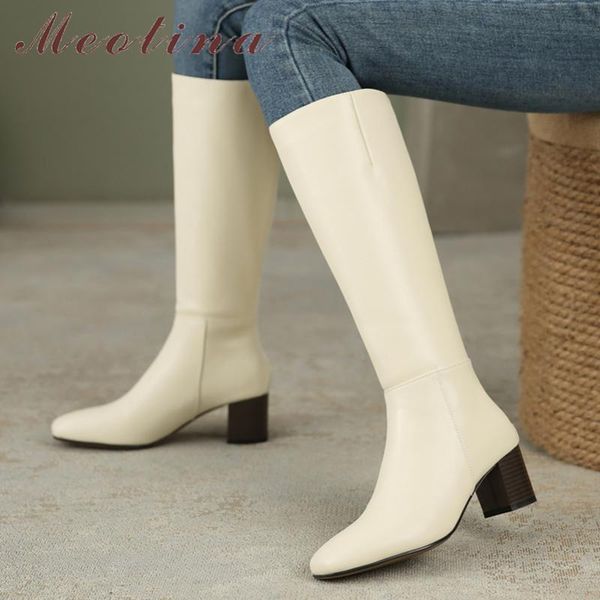 

boots meotina genuine leather fashion thick high heel ladies zipper square toe knee autumn winter beige black