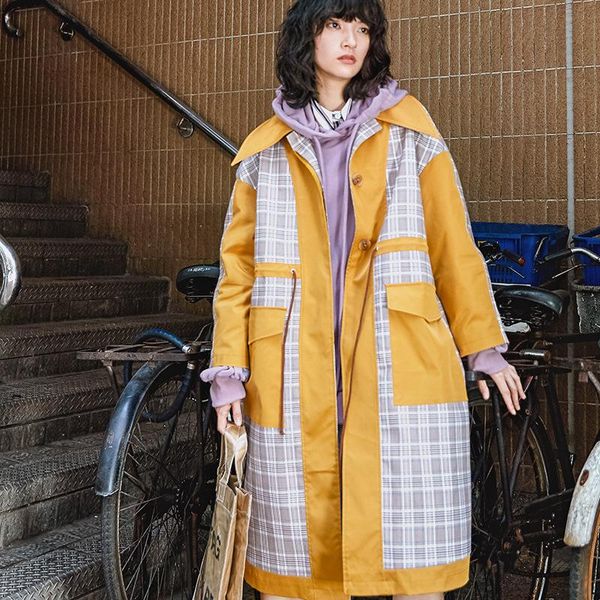 

women's trench coats nanastyle 2021 spring fall fashion long sleeve cargo style oversized plaid spliced yellow coat windbreaker for wom, Tan;black