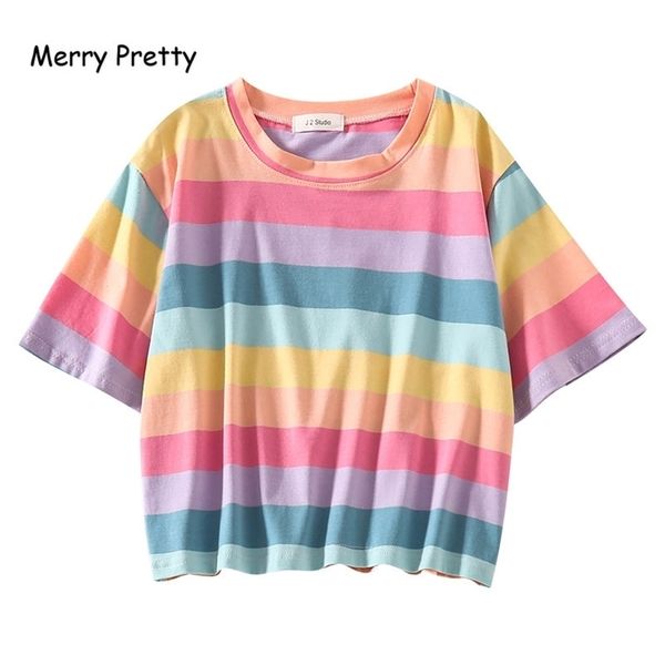 Frohe Ziemlich Koreanische Mode Regenbogen Gestreiften T-shirt Frauen Kurzarm Sommer T-shirt Rundhals Süße Crop Tops T Für Mädchen t200614