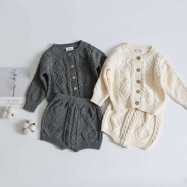 

milancel 2021 autumn baby suit cotton knit set long sleeved twist and shorts for boys and girls y0918, White