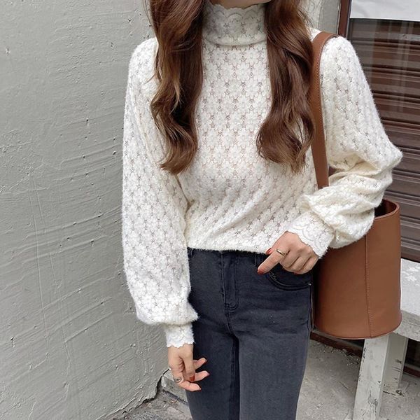

women's blouses & shirts alien kitty 2021 autumn shirt hollow long-sleeved lace half-high collar thin solid color casual fashion gentle, White