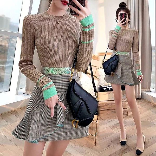 

two piece dress 2 costume set women's golden shiny slim knit sweater and plaid mini ruffled lace skirt party ns353, White