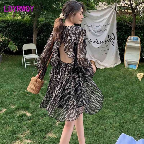 

ldyrwqy summer korean print chiffon drawstring v-neck flounce back and waist fashion dress office lady 210603, Black;gray