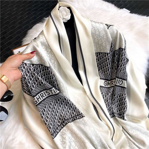 

silk scarf women's spring and autumn long thin silk like printed scarf, sun shading beach towel, versatile double-layer shawl, Blue;gray