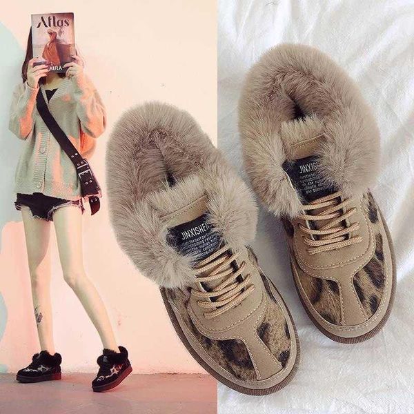 

boots women snow brocken shoes winter fur plush leopard cotton warm ankle female lace-up casual zapatos de mujer, Black