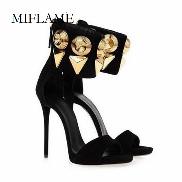 

gold decoration dress stiletto shoes summer back zipper black suede leather ankle sandals women high heel shallow high sandals