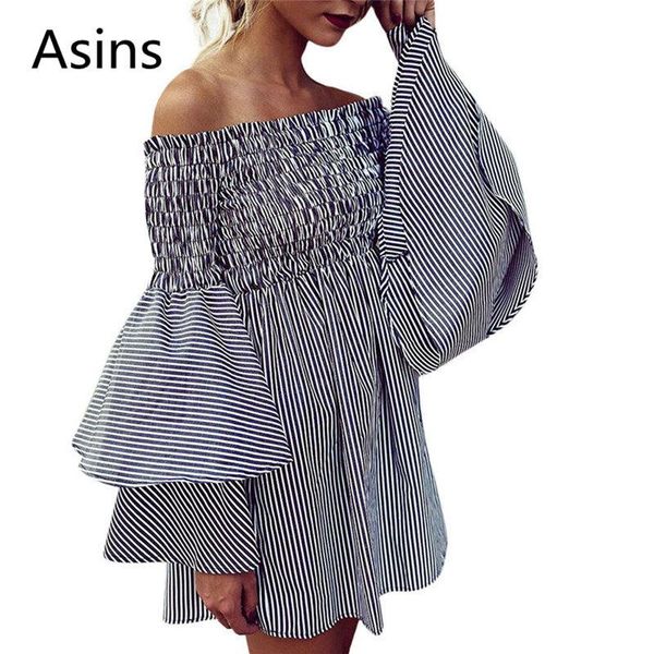 

asins summer dress 2021 new women casual fashion wild slash neck strapless flare sleeve striped printing high waist dress, Black;gray
