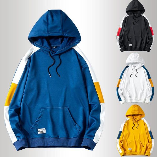 

men patchwork hooded pullover loose hoodies sweatshirts casual long sleeve sweatshirts male fashion clothing, Black