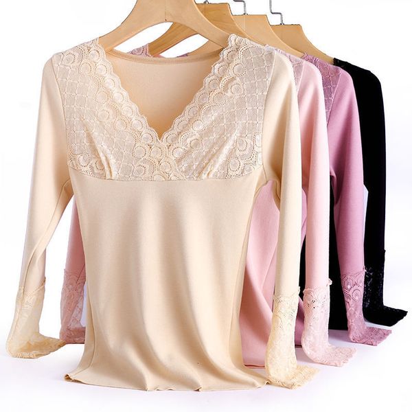 

new women 2021 autumn winter slim base shirt lace side v-neck seamless body long-sleeve thermal underwear a387vsc4, Black;pink