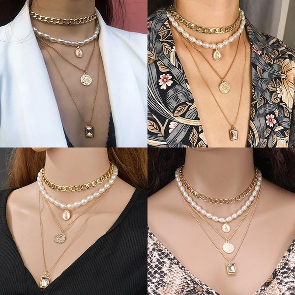 

pendant necklaces bohemian multi layered necklace for women vintage charm portrait cion pearl gold geometric party jewelry, Silver