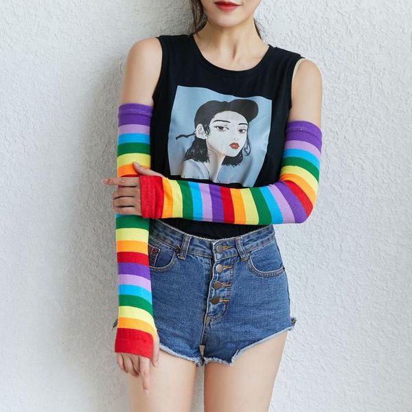 

sports gloves women girl harajuku elbow length fingerless arm sleeve warmer rainbow colored striped knitted sunscreen halloween costume, Black