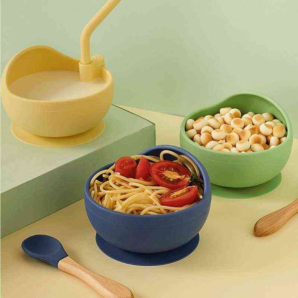 

baby silicone dinner plate sucker bowl with straw spoon set anti slip suction dish training feeding tableware for toddler infant g1210