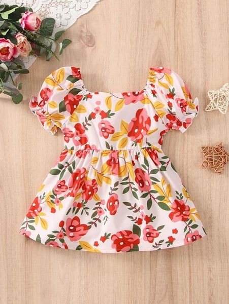 

baby floral print flounce sleeve dress she, Red;yellow
