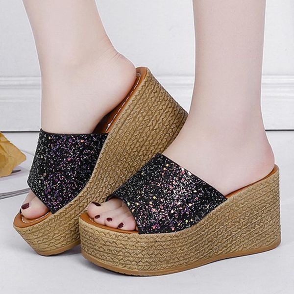 

slippers summer wedge women bling sequins fashion casual black ladies shoes platform high heels slip-on non-slip slipper