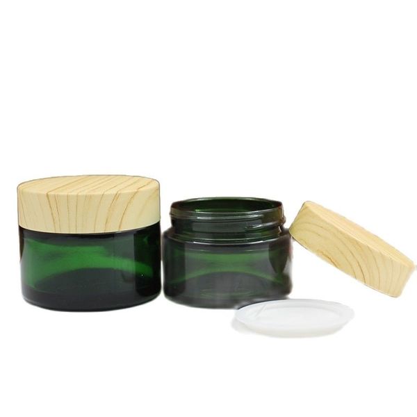 Esvazie a garrafa de vidro verde embalagem cosmética creme de olho frascos falsos capa de fenda de madeira recarregável recipiente 20g 30g 50g