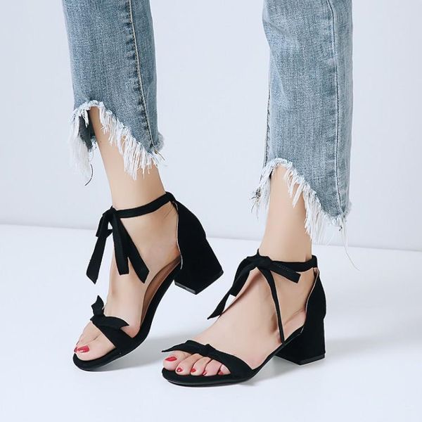 

velvet shoes 2021 sandals summer heels med shallow mouth suit female beige cross-shoes large size open toe suede comfort new gir, Black