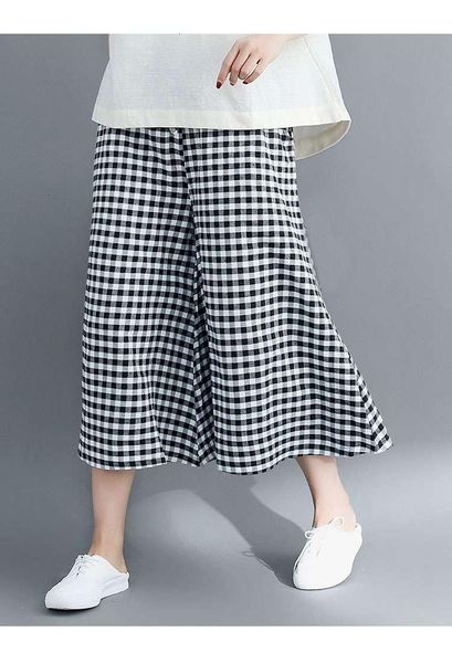 

women's pants & capris mferlier women retro plaid wide leg lace up elastic waist summer loose casual comfortable, Black;white