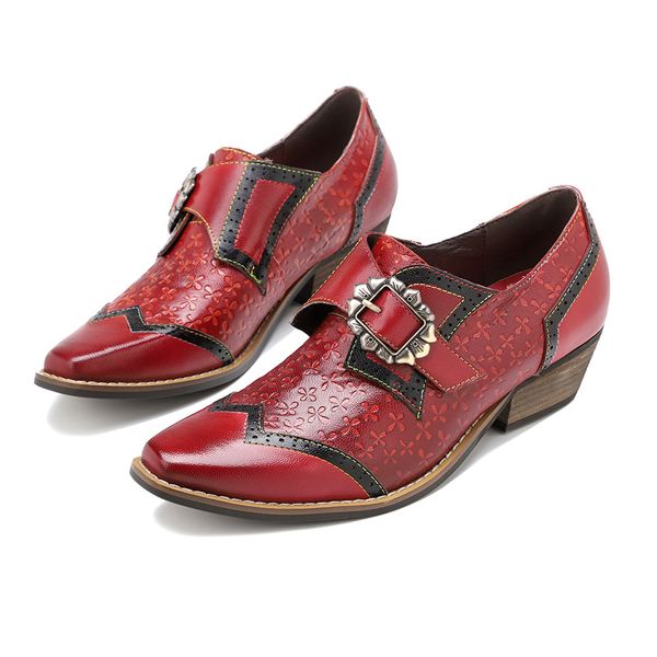

2022 new leather women bohemia pumps dress shoes 4.5cm chunky heels mary jane metal buckle mix colour almond shaped toes spring summer retro, Black