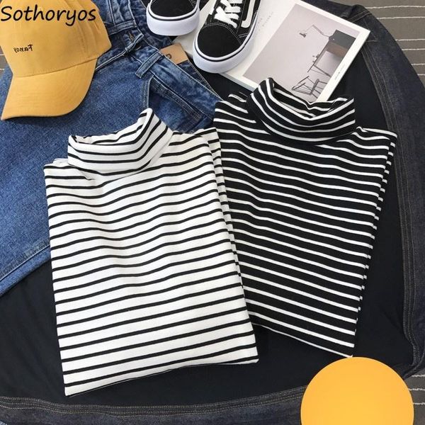 

women's t-shirt t-shirts women striped turtleneck all-match thicker warm spring autumn tshirt womens lomg sleeve ladies lovely trendy, White