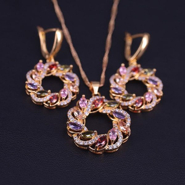 

earrings & necklace lucky round circle colorful zircon gold color costume jewelry set with pendant big discount, Silver