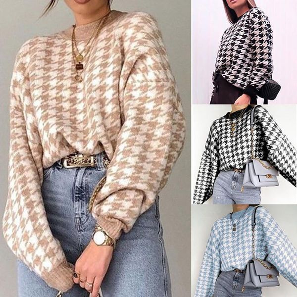 

women's sweaters autumn and winter european american round neck irregular sweater houndstooth knitted casual retro pullover, White;black