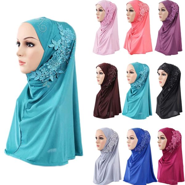 Un pezzo fiori strass Amira Hijab testa musulmana avvolgere sciarpa scialle donne islamiche Ramadan copricapo Jilbab Dubai partito turbante