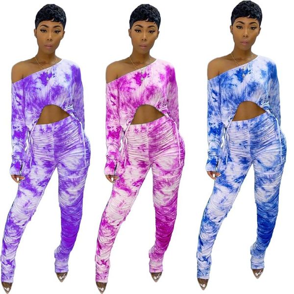 

women's pants & capris european and american tie-dye printing oblique shoulder hip slim fit fold casual two-piece suit, Black;white