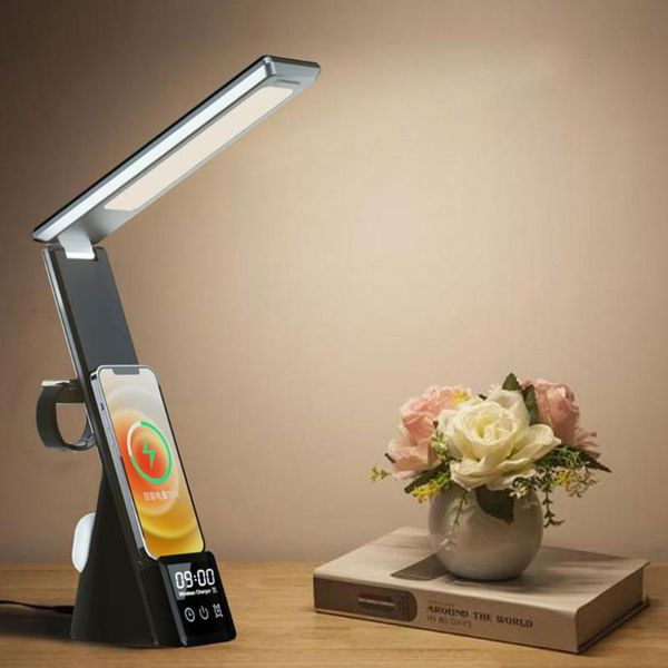 

table lamps led desk lamp with phone wireless charger, usb charging port, dimmable eye-caring office for work, folding design