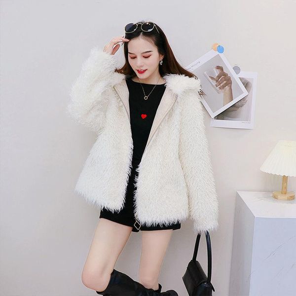 

women's fur & faux 2021 women winter fashion genuine lamb jackets female loose hooded overcoats ladies solid long sleeve warm coats s73, Black