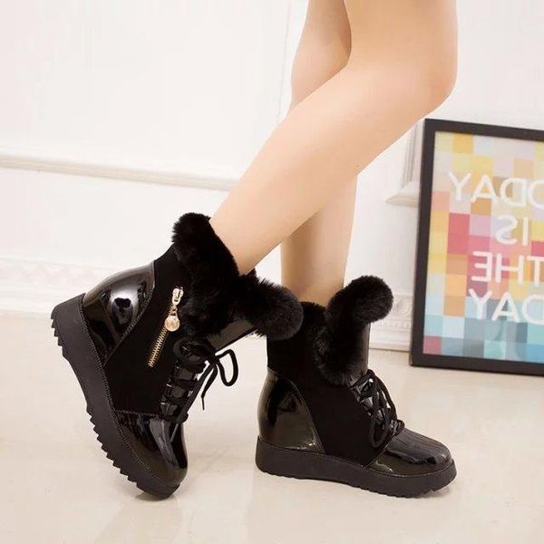 

boots short 2021 winter plush snow women's increased lace up warm and fashionable cotton foreign, Black