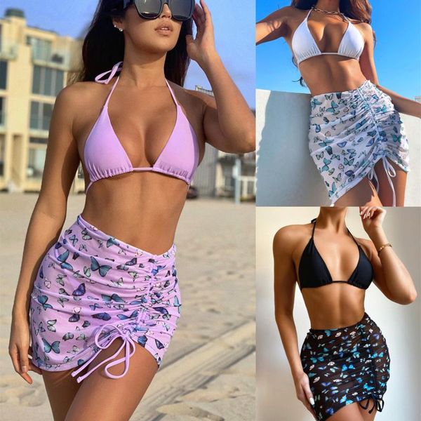 

women's swimwear 3 piece high waist mesh swimsuit triangle micro bikini set butterfly print women string solid halter bathing suit, White;black