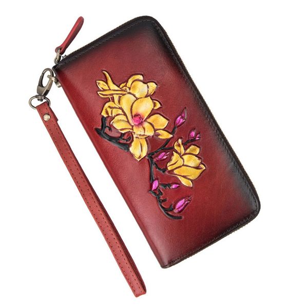

vintage women wallet female genuine leather clutch long flower phone bag coin purse lady cowhide handy, Red;black