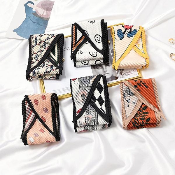 

pleated silk foulard scarf for women small neck crumple bandana neck wear crinkle print luxury female headband, Blue;gray