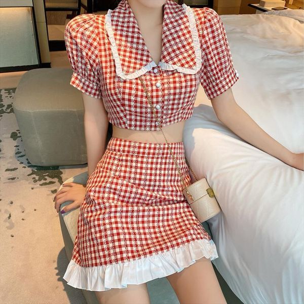

japanese kawaii bow red womens tracksuits suit sweet peter pan collar jk uniform shirt fashion high waist skirt tee cute, Gray