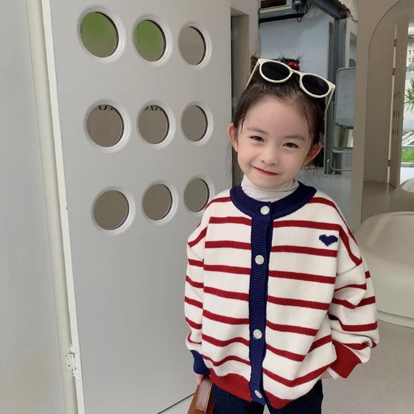 

jackets mila chou 2021 autumn winter baby girls coat kids heart stripe sweater toddler knit cardigans knitwear children jacket 2-8y, Blue;gray
