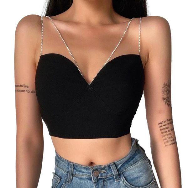 

women's tanks & camis summer women black crystal strap vest fashion girls v-neck sleeveless rhinestone chain shoulder cami, White