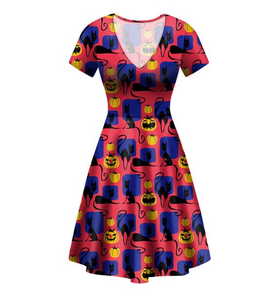 

2021 new halloween printed cat pumpkin short sleeve v-neck dress a-line skirt, Black;gray